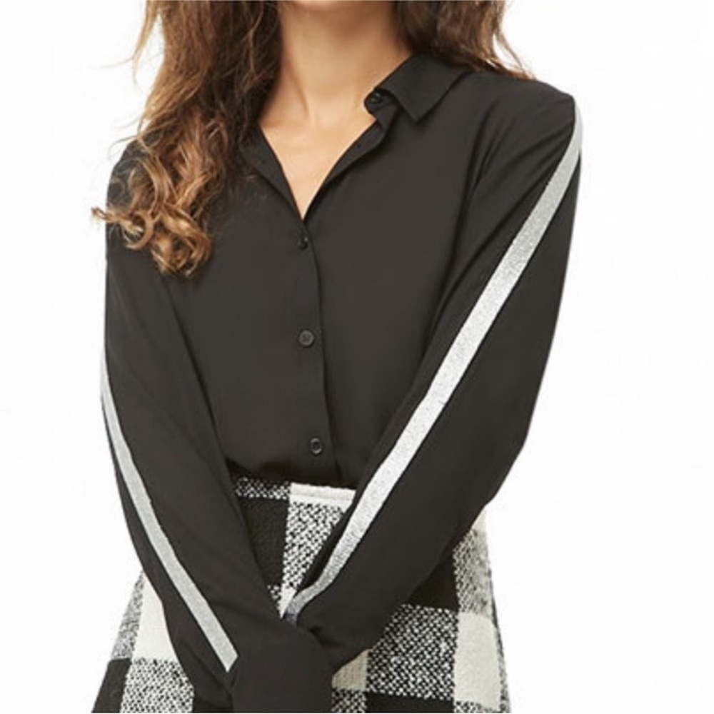 Forever 21 Black Button-Up Top with Silver Stripes